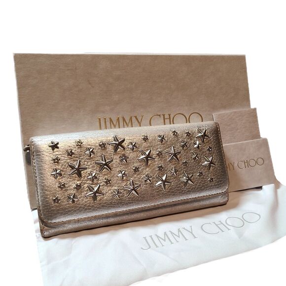 Jimmy Choo (Authentic) Silver Metallic Leather Star Studded Wallet w/ Box & COA - Picture 1 of 10